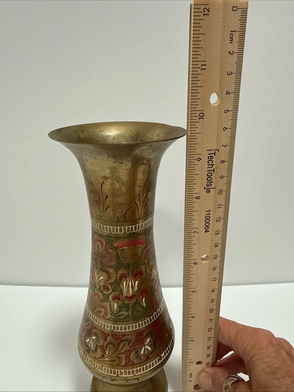 Solid Brass Decorative Vase with Red Accents hand etched from Saudi Arabia